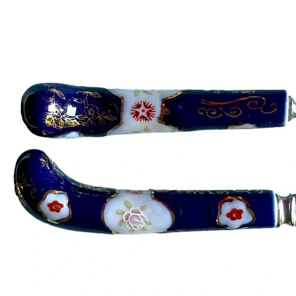 CLOISONNÉ SALAD SERVERS stainless steel SHEFFIELD ENGLAND floral pattern EUC - Picture 7 of 16